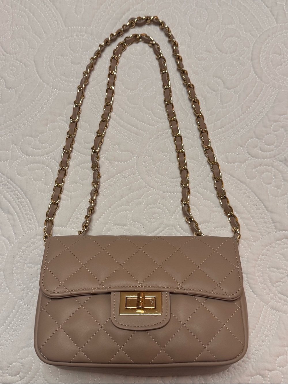 Made in Italy Quilted Taupe Shoulder Bag with Gold Chain Strap.